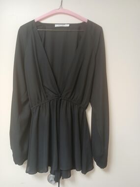 Nic & Jo Sheer Black Long-Sleeve V-Neck Tie-Waist Dress